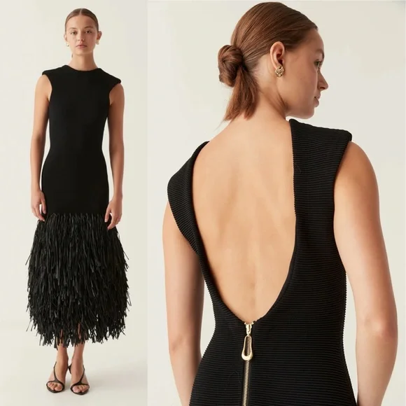 Aje Rushes Raffia Trimmed Ribbed Stretch Knit Dress Black - Picture 9 of 11